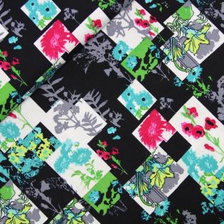Viskose - Blumen und Quadrate - blau