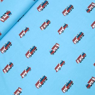 Baumwolljersey - großes Feuerwehrauto - hellblau