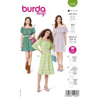 Schnittmuster - burda easy - Minikleid, Midikleid mit Bindeträgern & ärmelloses Kleid mit Rüsche - 5728
