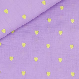 Baumwoll - Musselin - Double Gauze - gestickte neon Herzen - flieder