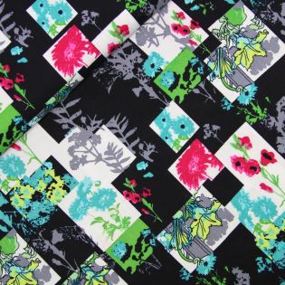Viskose - Blumen und Quadrate - blau