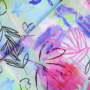 Viskose Voile - Blüten und Blätter - bunt