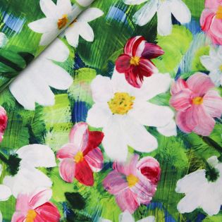 Viskosejersey - große bunte Blumen - grasgrün