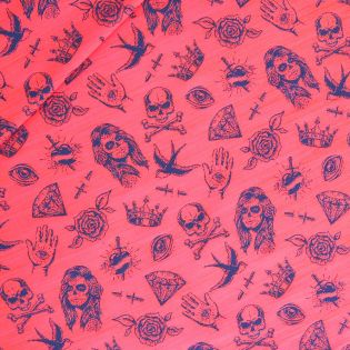 Dekostoff - Jacquard - Skulls and Bones - neonorange