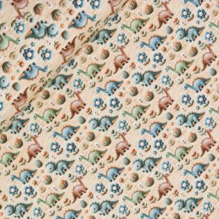 Baumwolljersey - 3D - niedliche Dinos - beige