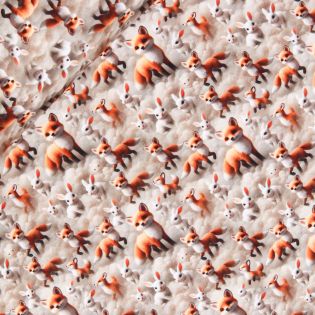 Baumwolljersey - 3D - Fuchs und Hase - beige