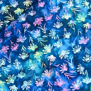 Patchwork - Baumwolle - handgebatikt - Blüten - blau, bunt