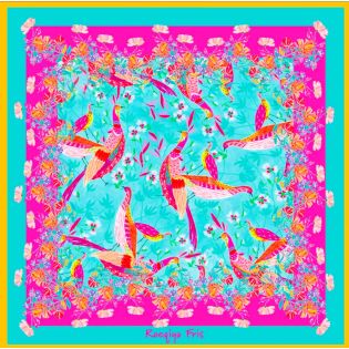 Viskose - Panel Pareo - Paradiesvögel - türkisblau - pink