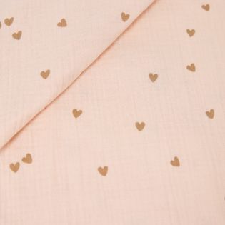 Baumwoll - Musselin - kleine Herzen - rosa - creme-beige