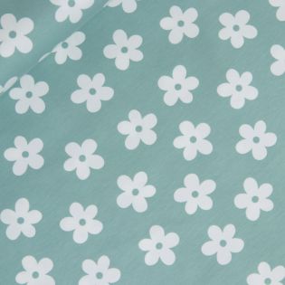 Baumwolljersey - weiße Blumen auf mint